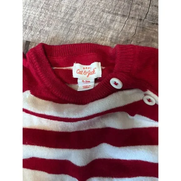 Cat & Jack Red White Stripe Knit Romper 0-3 Months Long Sleeve Snaps - Picture 2 of 3